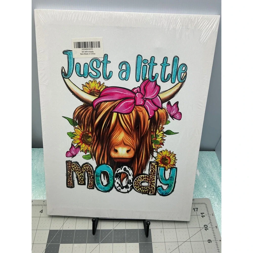 Just a Little Moody Highland Cow Canvas Wall Art Sunflowers Pink Bow 12x16 NEW